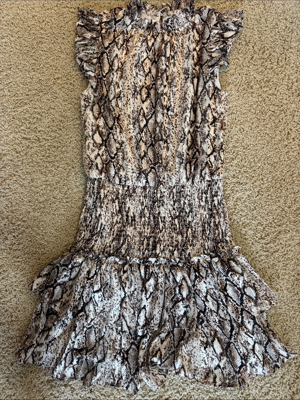 TCEC Brown and Cream Snake-Print Ruffle Dress